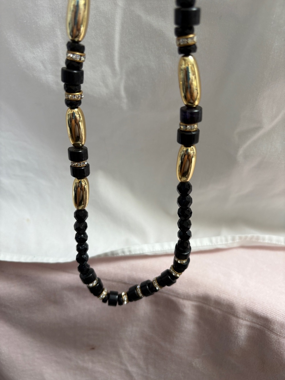 Gold and Black Beaded Women's Necklace with Rhinestone Accents